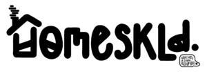 HOMESKLD Logo in Black with Speech Bubble that reads 'What happens in school, ends up here'.